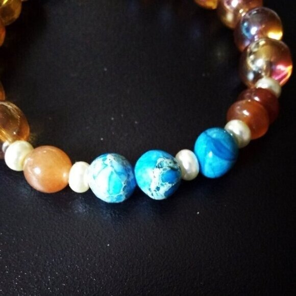 Mixed Media ~ Beaded Bracelet 7" Wrist! Aqua Sea Sediment Jasper, Orange Agate - Picture 4 of 8